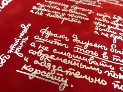 Silberne Folienprägung auf samtartigem roten Einbandmaterial (Velourpapier, beflocktes Papier)